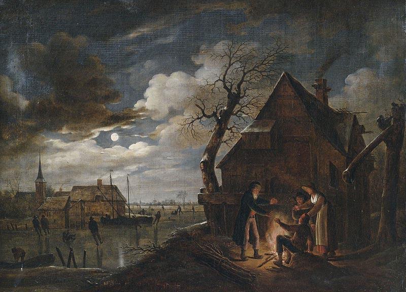 Aert van der Neer Hollandische Kanallandschaft bei Mondschein mit Schlittschuhlaufern und einem Lagerfeuer, an dem sich Bauern warmen